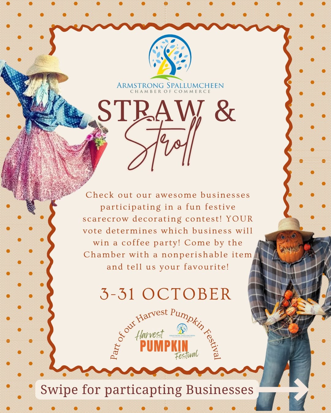 Straw & Stroll 2025 poster, October 3 to 31, part of the Harvest Pumpkin Festival