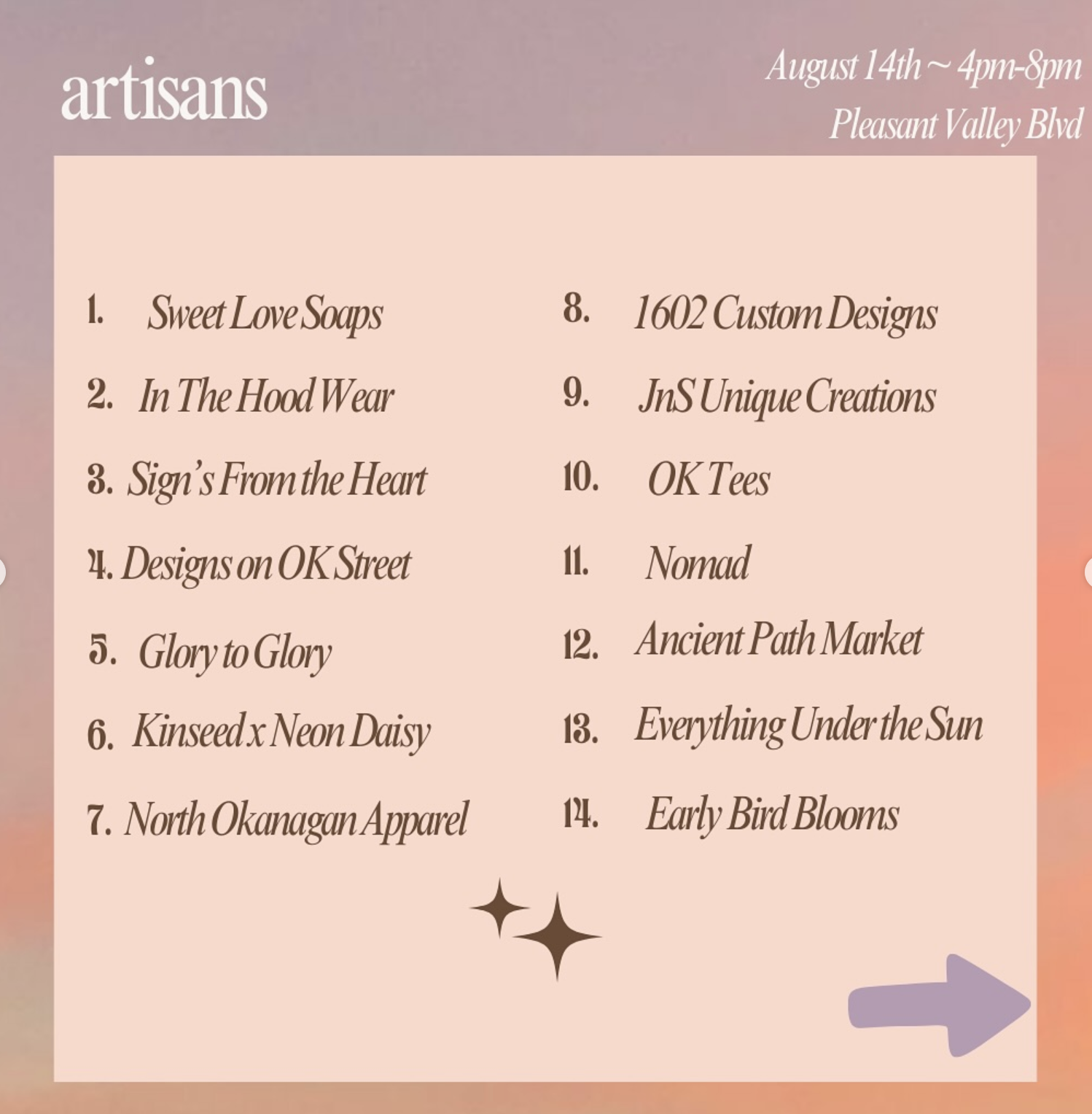 Artisan vendor list for the August 14, 2024 market on Pleasant Valley Boulevard