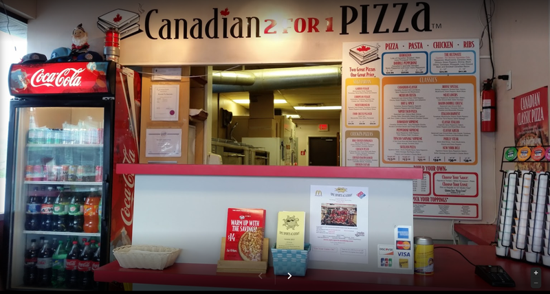 Inside Canadian 2 for 1 Pizza in Armstrong, BC.