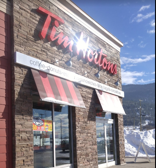 Outside view of Tim Hortons restaurant along Hwy 97A in Armstrong, BC.